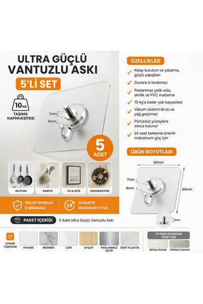Askılık Butik 5’li Ultra Güçlü Şeffaf Vantuzlu Askı – Delmeden Yapışkanlı Kan...