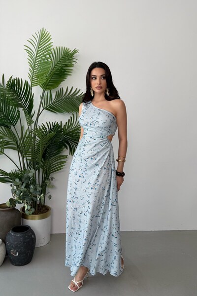 Serica Moda Blue Floral Patterned One-Shoulder Dress with Window Detail