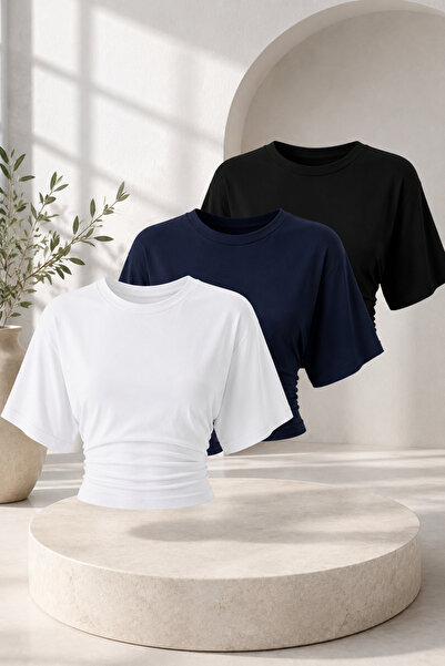 COMBİNE MİCHAİL Women's Casual Bat Sleeve 3-Piece Tight Crop Blouse