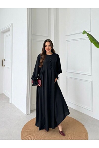 Tubik Women's Draped Long Dress with Buttoned Front and Gathered Sleeve Detail