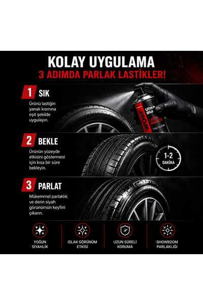 WÖRF Ultra Black Lastik Parlatıcı Sprey 500 ml – Islak Görünüm, Kalıcı Parlaklık, Lastik Bakım
