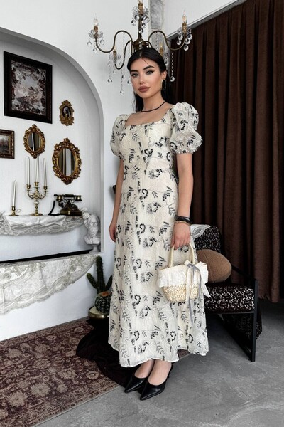 Caddebostan Moda Square Neck Embroidered Balloon Sleeve Lined Midi Length Sty...