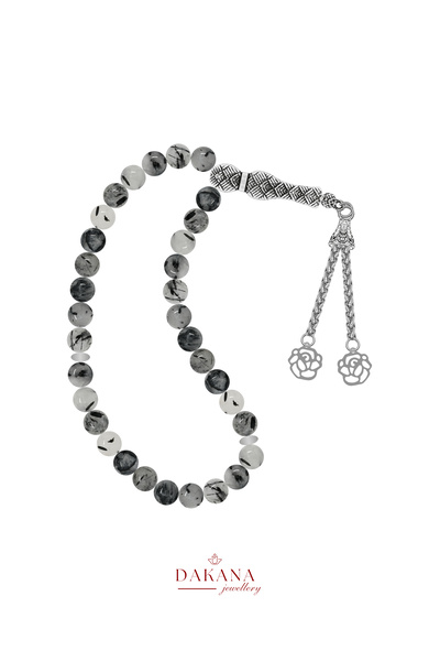 DAKANA JEWELLERY Certified 8 mm Rutile Quartz Stone Lotus Flower Steel Tassel...