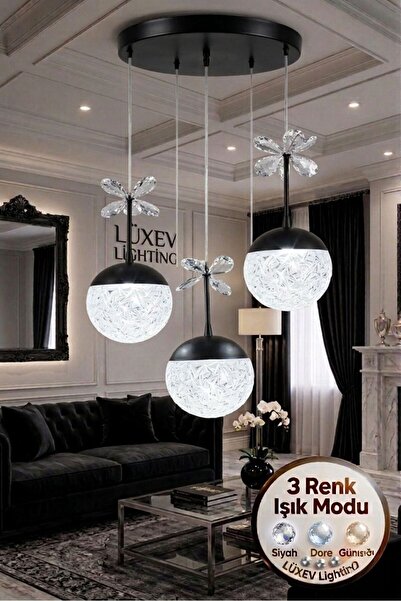 Lüxev Lighting Güneş Model 3"lü Siyah 3 Renk Modu Ledli Kristal Taşlı Modern ...