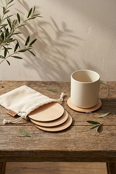 SEDEF SİLVER Hambez Natural Wooden Coasters Set of 4 - Aesthetic Coffee Prese...