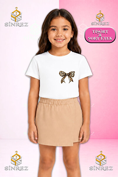 SİNREZ Girl's Set Ribbon Leopard Pattern Top Printed Short Sleeve T-Shirt Sho...