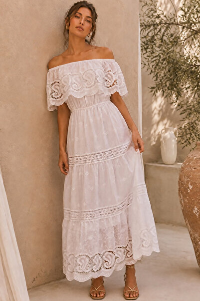 Pissos White Bohemian Long Dress |   Lace Detailed Off-Shoulder Premium Summe...