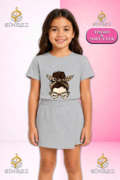 SİNREZ Girl's Set Girls' Leopard Ribbon Printed Short Sleeve T-Shirt Shorts S...