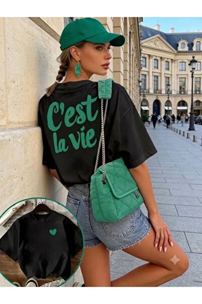 LELVANİ TRICOU DE DAMĂ CEST LA VIE CU IMPRIMARE VERDE, CU INIMĂ MICĂ