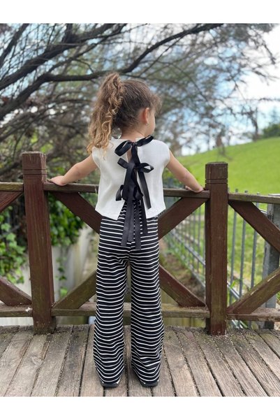 Sweet Luna Lace-Up Ribbon Detailed Striped Trouser Set