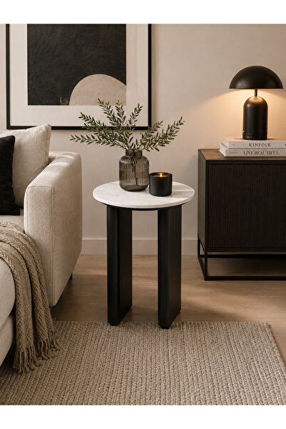 N.zone Luxury Modern Minimalist Side Table - Elegant Round Marble Top with Ge...