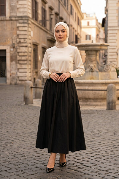 Zeneva Collection Fusta lungă din poplin cu talie elastică, neagră, cu tiv ev...
