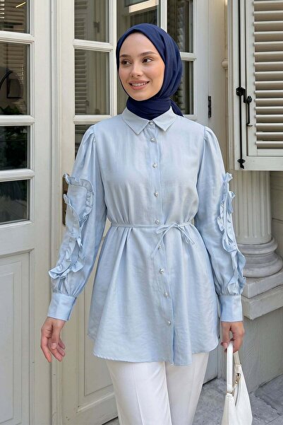 Salih Çelebi Ruffle Sleeve Detailed Shirt 0061 - Baby Blue