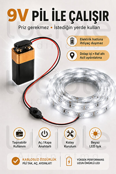 luciole 5 Metre Beyaz 9V Pilli Anahtarlı Şerit LED Set Pil Dahil Prizsiz Yapı...