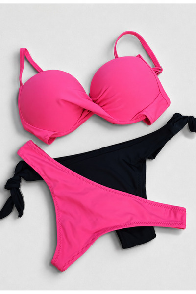 Nobrand Costum de Baie 3 Piese Neon Pink & Black Brazilian – Push-Up cu Slip ...