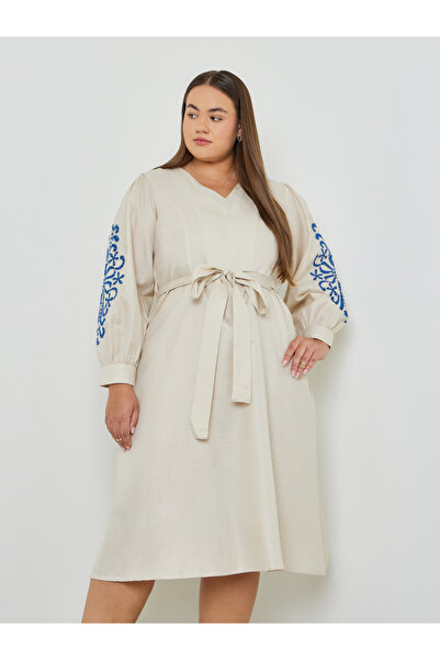 Styli Plus Size Embroidered Sleeve Midi Dress with Tie-Belt