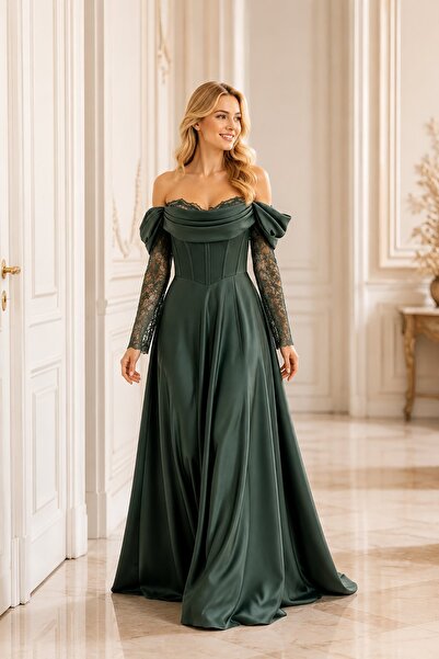 Rain and River Elegance lace sleeves fishtail cut evening dress