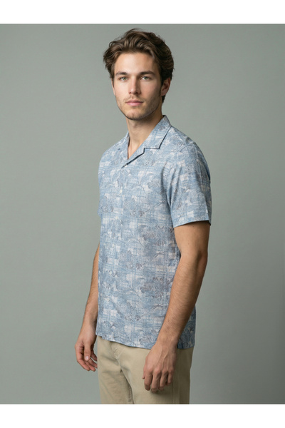 SNX By Styli Men Blue Printed Cuban Collar Shirt