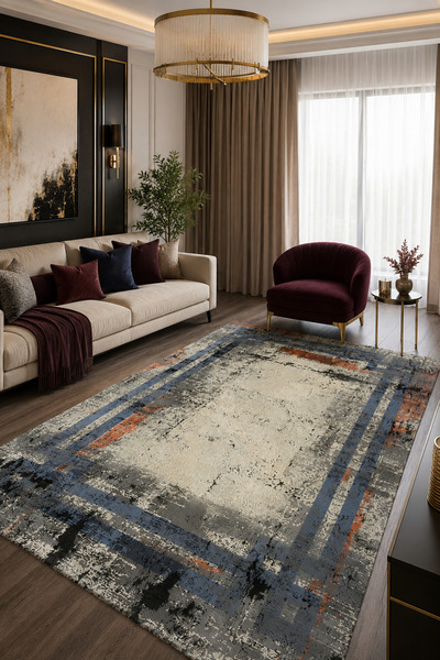 Bordo Halı Modern Eskitme Desenli Antrasit Mavi Turuncu Detaylı Salon Mutfak ...