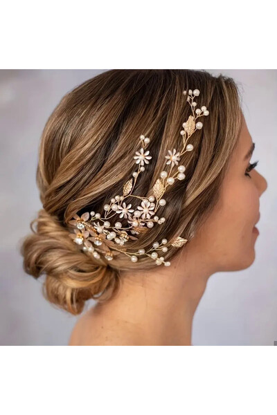 Raizel Accesoriu par auriu, cu frunze, flori si perle, Daya