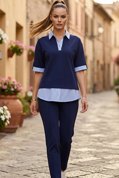 Ded COLLECTION Women's sleeve lapel striped shirt collar short sleeve blouse ...