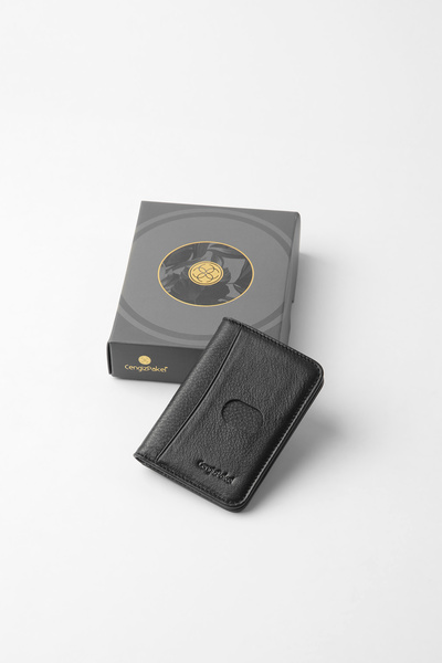 CENGİZ PAKEL Genuine Leather Unisex Minimal Vertical Card Holder – 2523t - Black/Parliament