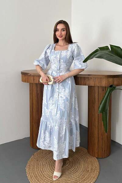 Elbee Fashion Woman Mavi Brodeli Fırfırlı Elbise