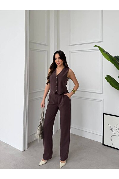 Solishop Gabardine Tencel Stylish Vest and Pants Set with Elastic Waist