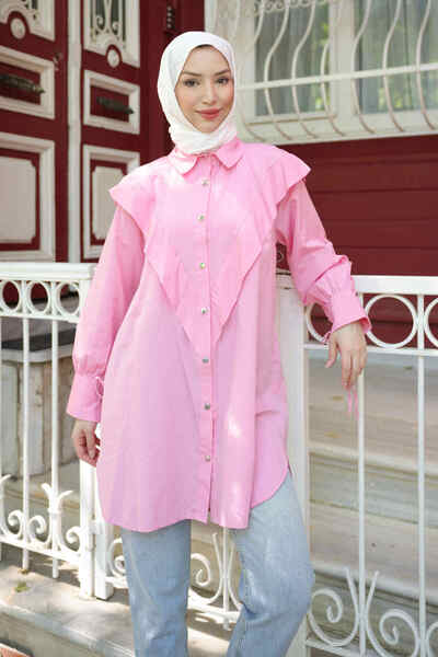 İmajButik Pink Front Detailed Sleeve Tie Tunic