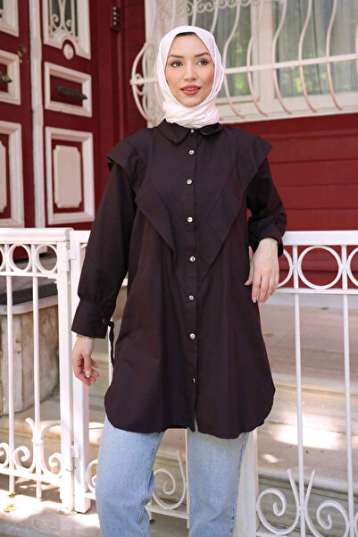İmajButik Brown Tunic with Front Detail and Tie Sleeves