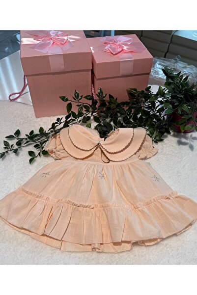 MOONSTARKİDS Baby Girl Ruffle Embroidered Dress - 100% Natural Cotton - Powder