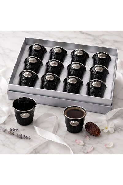 Lavera Modern Coffee Cup Set - Royal Black with Silver Detailing 12 Pieces