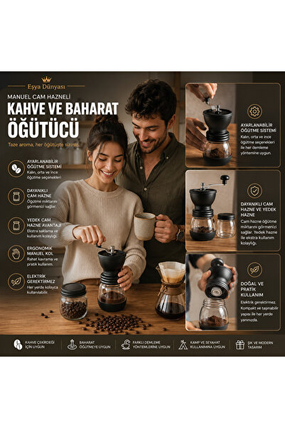 Eşya Dünyası مطحنة القهوة والتوابل اليدوية مع وعاء زجاجي - وعاء زجاجي احتياطي...