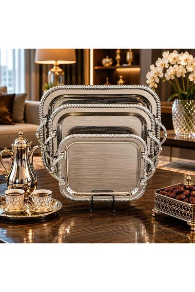 Generic Modern Rectangular Tray Set with Striped Surface and Decorative Edges...