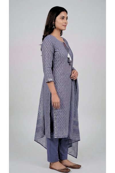 THUGFIT Women's Pure Cotton Zig-Zag Print Straight Kurta Set with Trousers and Printed Dupatta (3-Piece Set, Slate Blue)