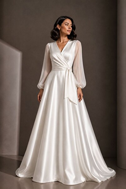 UNTIMELY White American Satin Maxi Dress with Double-Breasted Closure & Chiff...