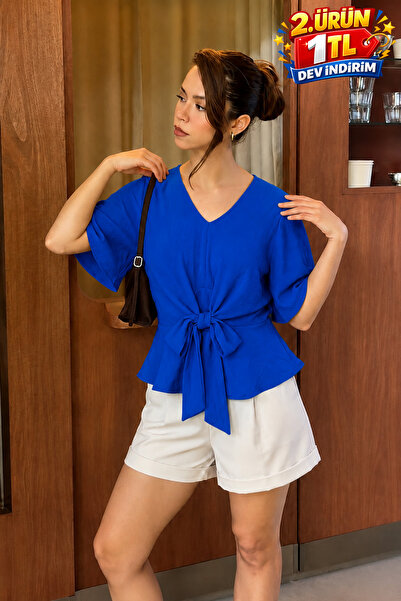 DAMGA JEANS Women's Casual Premium Tie-Up S.Blue Summer Blouse