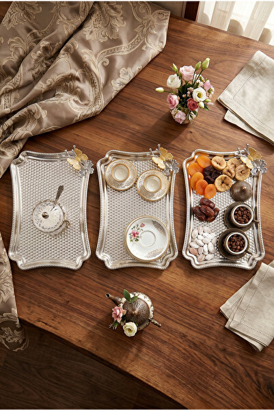 AKSESUAR EVRENİ Falze Silver Butterfly Detailed Stainless Steel 3-Piece Coffe...