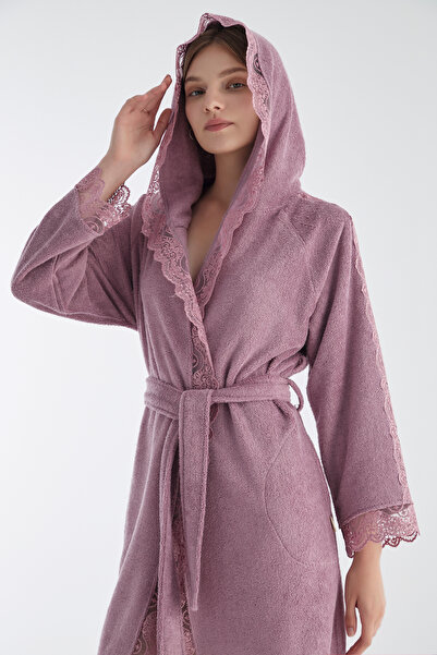 Nuşa Luxury Hooded Cotton Lace Women's Bathrobe Soft Textured Stylish