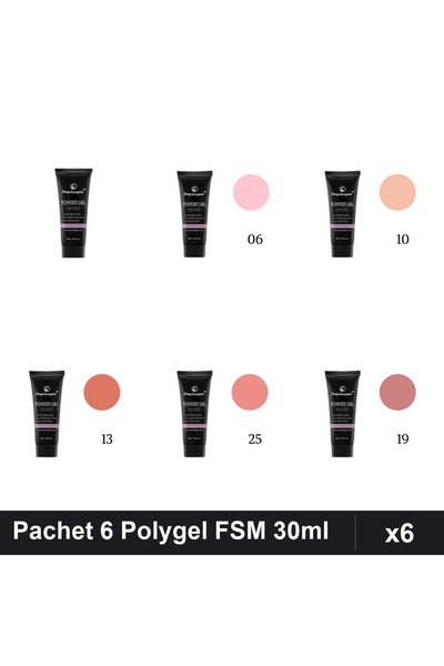 FSM Set 6 Polygel 30ml - Nr.01, Nr.06, Nr.10, Nr.13, Nr.19, Nr.25 - Construcț...