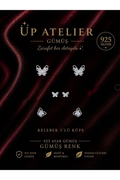 Up Atelier 925 Ayar Gümüş 3 lü Set Kelebek Model Küpe
