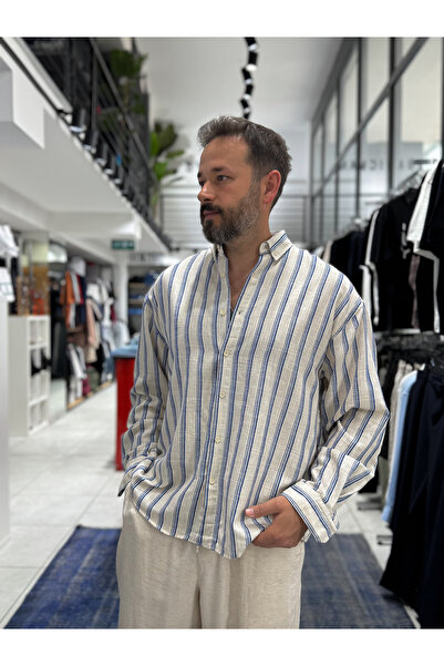 BYBASICMAN Blue Striped Linen Textured Shirt Lns-9844