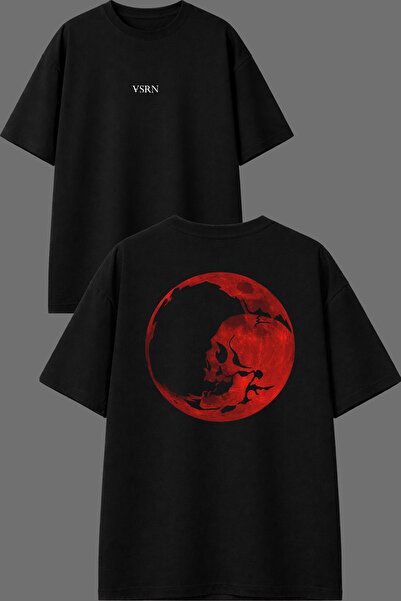 VSRN Skeleton Moon Design Front and Back Printed Black Oversize T-Shirt