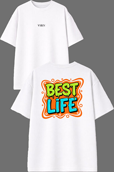 VSRN Μπλουζάκι Best Life Design με στάμπα μπροστά και πίσω, λευκό, oversized
