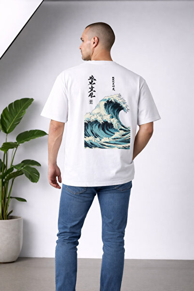 cc collection Tricou oversize unisex alb cu imprimeu Kanagawa Wave