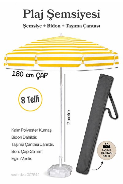 Düvenci 180 Çap / 8 Telli Sarı Beyaz Plaj Şemsiyesi + Bidon + Taşıma Çantası ...
