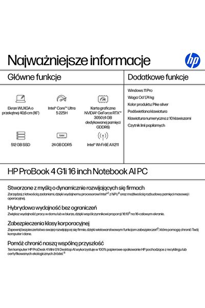 HP Laptop ProBook 4 G1i 16 Ultra 5 225H / 24 GB / 512 GB / W11 Pro (C51M3ET)