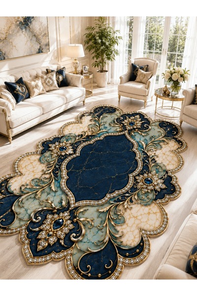 LovisaHome Premium Osmanlı Motifli Şekilli Salon Halısı – Lacivert & Gold Lük...