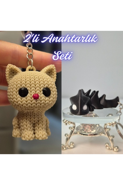 3DAtölyeMaker Cream Knitted Patterned Cat and Black Flexible Dragon Keychain