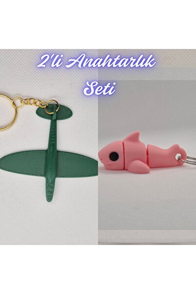 3DAtölyeMaker Dark Green Airplane and Light Pink Flexible Shark Keychain
